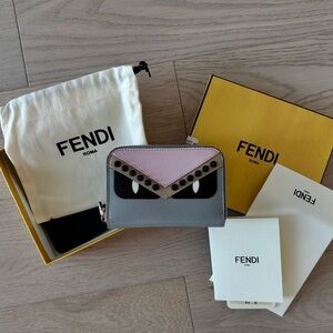Fendi Vitello Elite Monster Eyes Studded Mini Zip Around Wallet